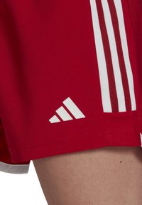 Rote Sportshorts mit drei vertikalen weißen Streifen und einem weißen Adidas-Logo am Saum. Glattes, leichtes Material.