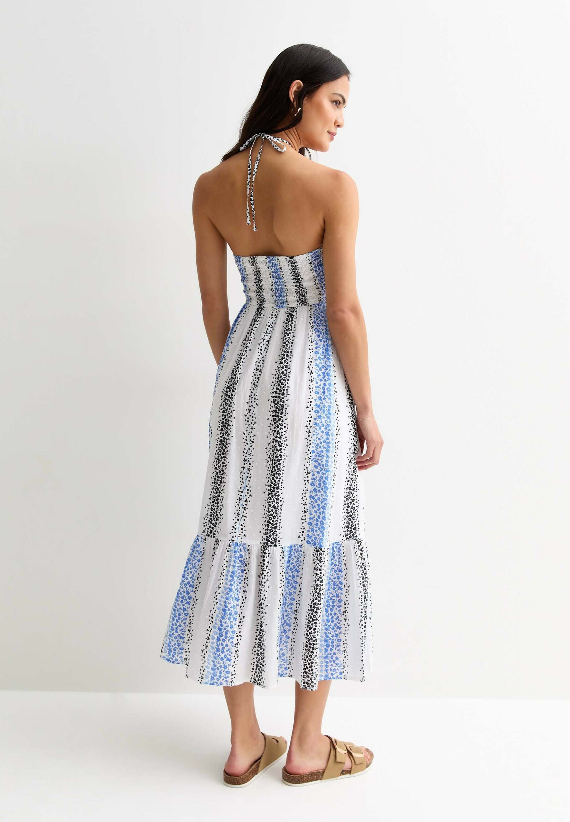 New Look STRIPE FLORAL SHIRRED HALTER NECK MIDI - Day dress