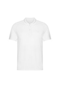 Valkoinen polo-paita, joka on valmistettu puuvillasta ja jossa on klassinen kaulus, lyhyet hihat, kaksinappinen etuosa ja pieni logo rinnassa.