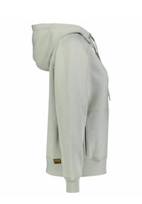 Light gray hoodie with a drawstring hood, kangaroo pocket, and ribbed cuffs. Soft fabric and a logo label on the lower hem.