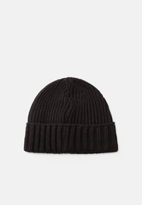 Gorro de punto negro con textura acanalada, que presenta un borde doblado y una corona redondeada. La tela parece suave y elástica.