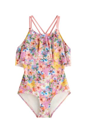 Piges badedragt med pink, gul, blå og orange blomsterprint, flæseoverlay og dobbelte pink skulderstropper.