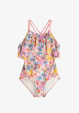 Piges badedragt med pink, gul, blå og orange blomsterprint, flæseoverlay og dobbelte pink skulderstropper.