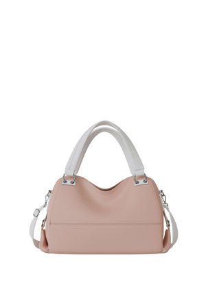 Soft pink handbag with structured shape, white double handles, and detachable shoulder strap on a white background.