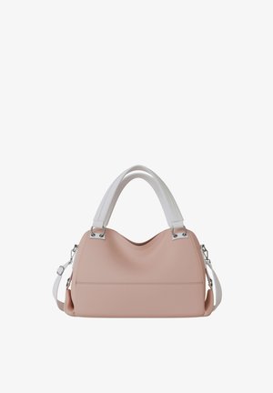 Soft pink handbag with structured shape, white double handles, and detachable shoulder strap on a white background.