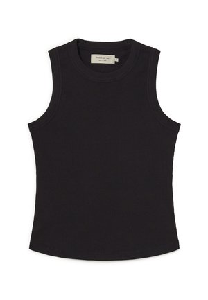 Czarny top bez rękawów wykonany z prążkowanego materiału, z okrągłym dekoltem i prostym dołem. Zawiera metkę wewnątrz z tyłu.