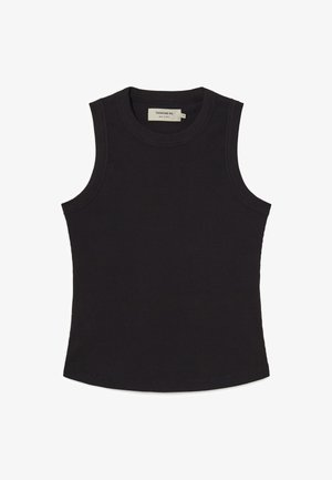 Haut sans manches noir en matière côtelée avec un col rond et un ourlet droit. Présente une étiquette à l'intérieur à l'arrière.