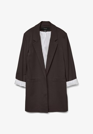 Melns bleizeris ar brīvu piegriezumu, ar divām priekšējām kabatām un svītrainiem baltiem un melniem manžetēm. Gluds audums ar vienu pogu.