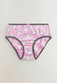 Mutande in cotone rosa con un motivo a fantasmi ripetuto e il testo "Boo!". Fascia elastica e dettagli grigi. Fiocco centrale sopra la vita.