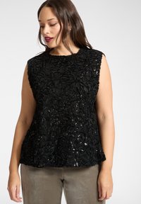 Czarny bezrękawnik z misterną kwiatową haftem z cekinami, teksturowaną tkaniną i zaokrąglonym dekoltem. Elegancka i dopasowana sylwetka.