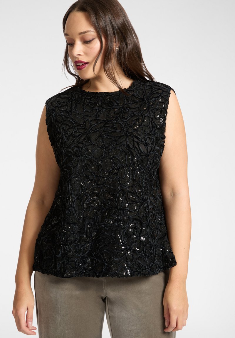 Czarny bezrękawnik z misterną kwiatową haftem z cekinami, teksturowaną tkaniną i zaokrąglonym dekoltem. Elegancka i dopasowana sylwetka.
