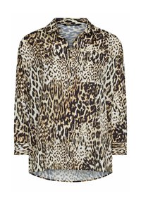 Koszula w panterkę z kołnierzykiem zapinanym na guziki, długimi rękawami i kieszonką na piersi. Wykonana z gładkiego materiału z guziczkami w kolorze złotym.