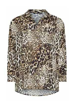 Camisa de leopardo con cuello abotonado, de mangas largas y un bolsillo en el pecho. Fabricada con un tejido suave y botones en tono dorado.