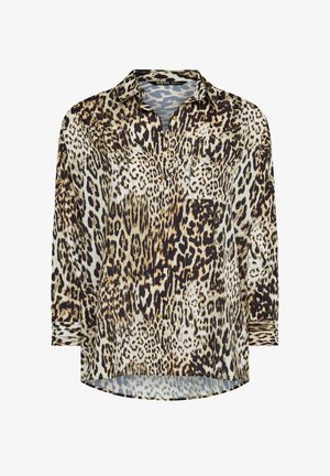Koszula w panterkę z kołnierzykiem zapinanym na guziki, długimi rękawami i kieszonką na piersi. Wykonana z gładkiego materiału z guziczkami w kolorze złotym.