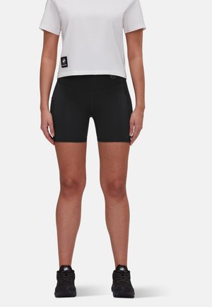 Black athletic shorts with a high waistband, smooth texture, and contrasting stitching, paired with a cropped white t-shirt and black shoes.
