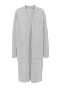 Hellgrauer Cardigan aus strukturiertem Strickstoff, mit langen Ärmeln, offener Vorderseite und zwei Vordertaschen. Gerippter Kragen und Bündchen.
