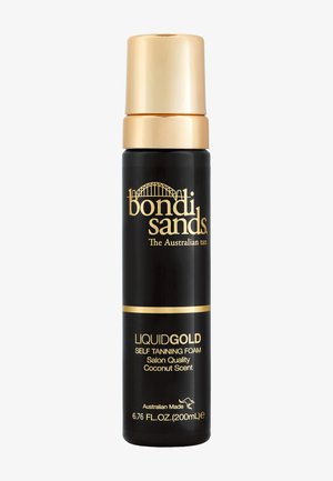Zwart- en goudkleurige fles Bondi Sands Liquid Gold zelfbruinende schuim, kokosgeur, 200 ml, in Australië gemaakt.
