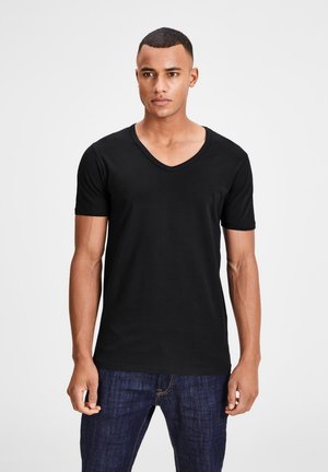Black short-sleeve V-neck t-shirt, made from a smooth, stretchable fabric. Features a fitted shape and clean finishing without patterns.