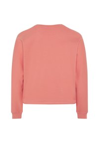 Sweat-shirt rose uni à manches longues, vu de dos, avec des poignets côtelés et un col rond.