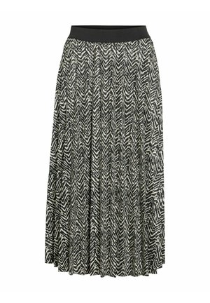 Maxikjol med svartvitt chevronmönster, bred elastisk midjeresår och plisserad design, tillverkad av lättviktigt tyg.