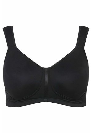 Soutien-gorge noir en matériau lisse et extensible. Dispose de larges bretelles, d'un décolleté en V et d'un style minimaliste sans matériel ou motifs visibles.