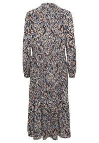 Mönstrad klänning med långa ärmar, figurnära bodice och utsvängd kjol. Färgerna inkluderar marinblå, vit och brun med ett abstrakt mönster.