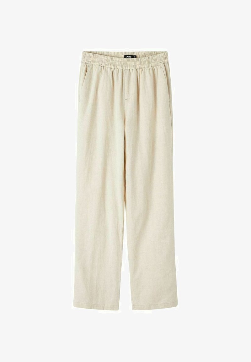 Pantalon beige à coupe ample avec taille élastique et poches latérales, équipé d'une petite étiquette noire "LMTD" au centre devant.