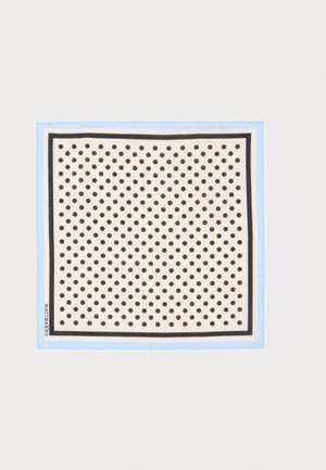 Foulard carré à pois noirs sur fond blanc, bordé d’un liseré noir et d’un bord extérieur bleu clair.
