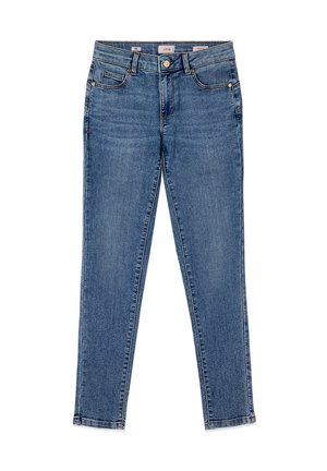 Jean skinny bleu avec poches avant, passants de ceinture, fermeture à boutons et décoloration subtile, étalé à plat sur un fond blanc.