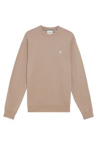 Beige sweatshirt lavet af bomuld, med lange ærmer, en rund hals og et lille broderet fuglelogo på brystet. Blød tekstur.