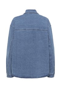 Denim särk, helesinine vertikaalsete valgete triipudega, pikkade varrukatega, nööbiga mansettide ja klassikalise kraega; tagantvaates on nähtavad õmbluse detailid.