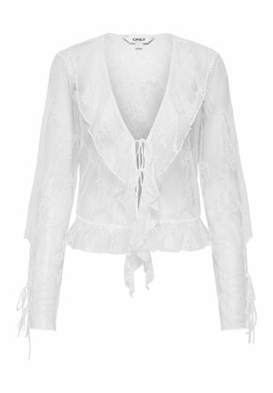 Hvid blonder langærmet bluse med flæsebesat V-hals, bindelukninger foran og flæsekant, med bindebånd ved ærmekanterne.