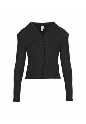 Mørkegrå cropped cardigan med ribbestruktur, åpen krage og lange ermer. Har knapper foran og en tettsittende design.