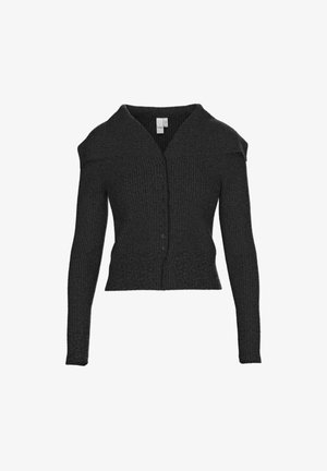 Donkergrijze cropped cardigan met geribbelde structuur, open kraag en lange mouwen. Voorzien van knopen aan de voorkant en een aansluitend ontwerp.