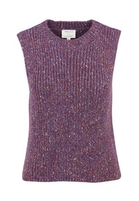 Gilet lavorato a maglia senza maniche di colore viola con texture a coste e puntini di filati multicolore, caratterizzato da scollo rotondo e etichetta all'interno del colletto.