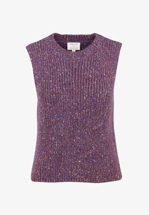 Ärmellose violette Strickweste mit gerippter Textur und mehrfarbigen Garnflecken, mit Rundhalsausschnitt und Etikett im Krageninneren.