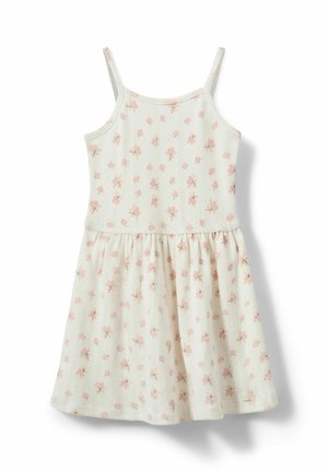 Witte mouwloze jurk met dunne bandjes en roze bloemenprint, met een aansluitend lijfje en een geplooide rok.