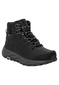 Scarpa da trekking nera con tomaia in sintetico liscio, colletto in tessuto nero testurizzato, suola resistente e lacci e cuciture bianchi a contrasto.