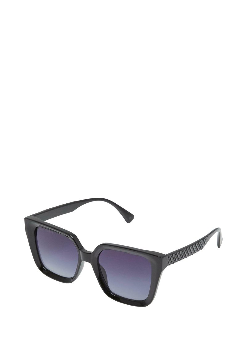 Black square sunglasses with gradient purple lenses, thick plastic frame, and textured side accents. Sleek design with wide lenses.