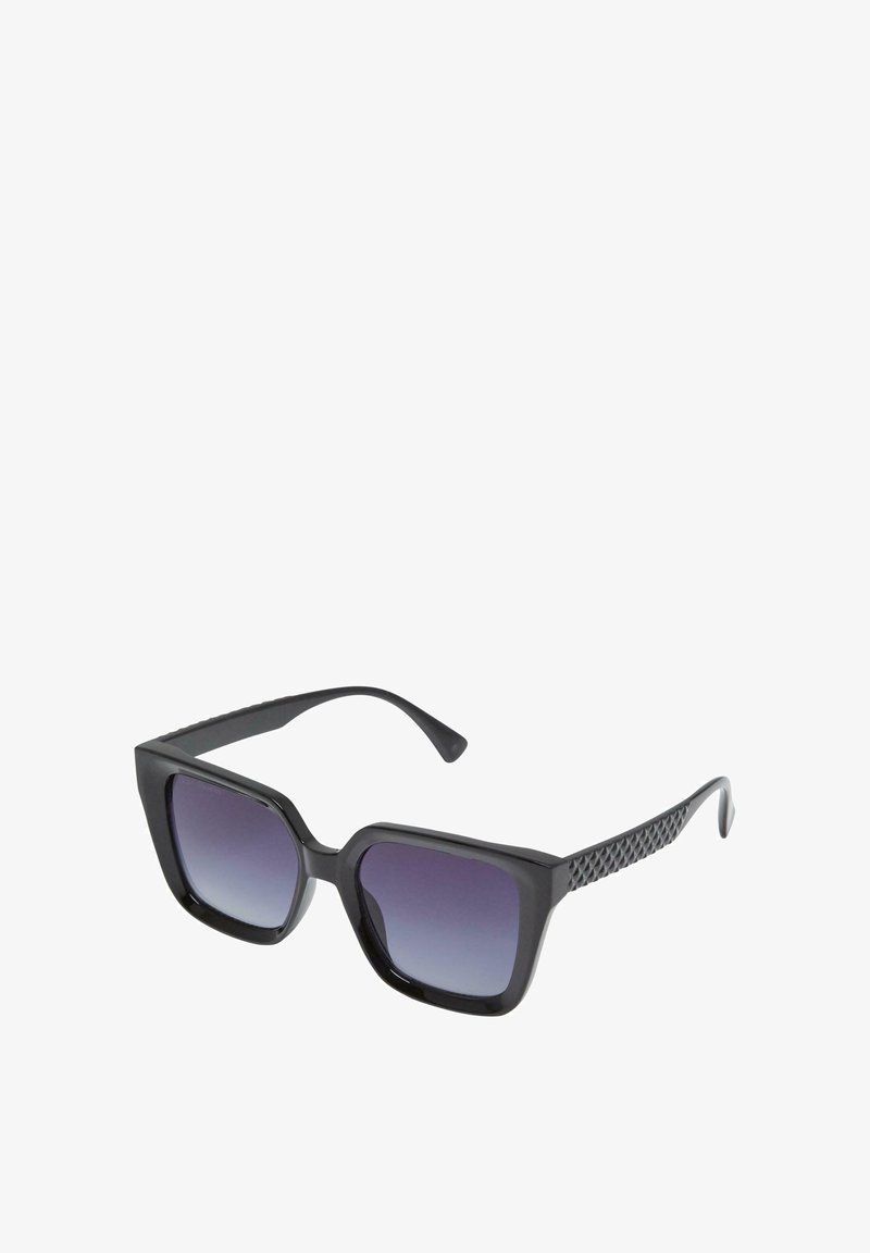 Black square sunglasses with gradient purple lenses, thick plastic frame, and textured side accents. Sleek design with wide lenses.