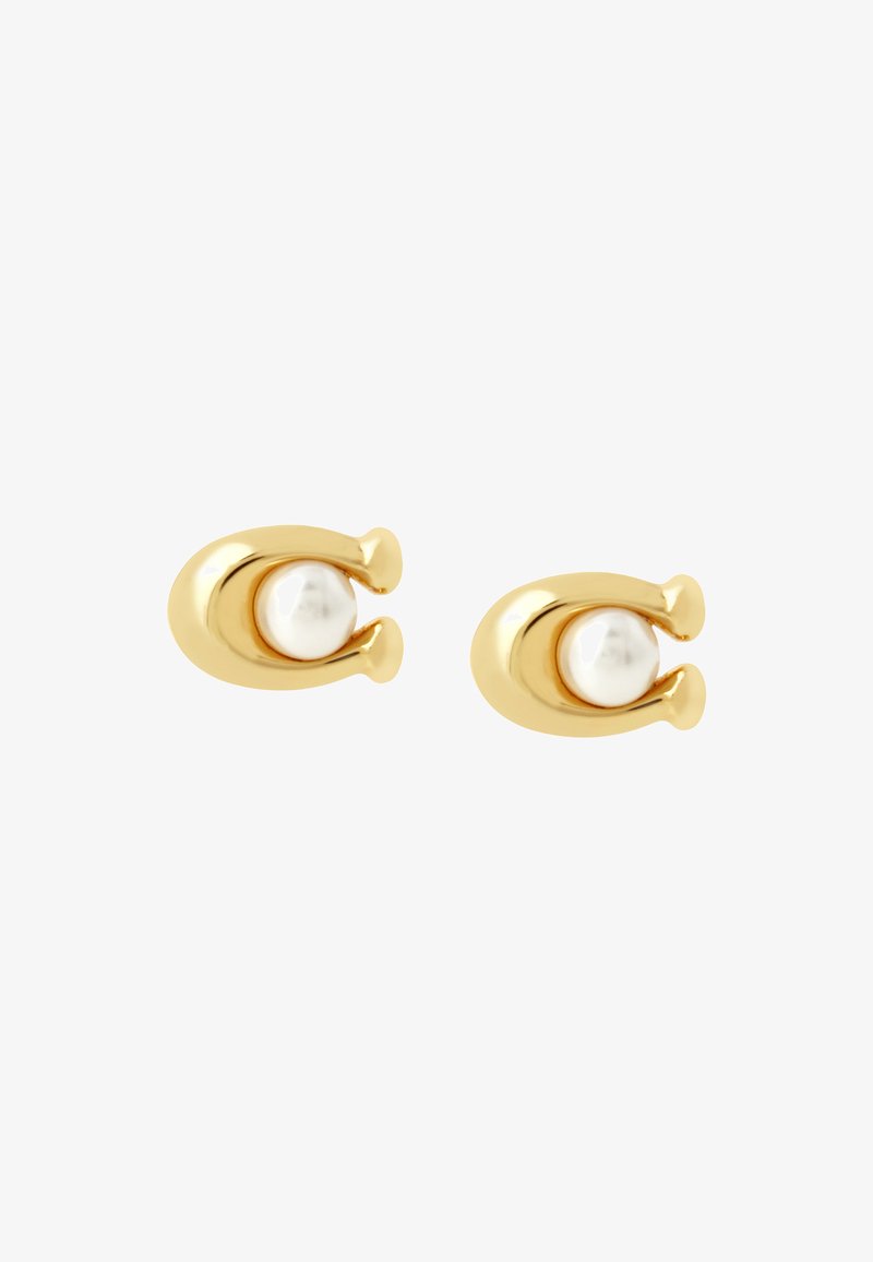 Boucles d'oreilles dorées avec une perle blanche circulaire au centre, conçues avec une forme lisse et arrondie et des accents subtils.