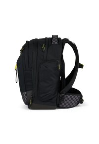 Black backpack with multiple zippered compartments, padded shoulder straps, and a checkered pattern on the lower side. Features neon accents.