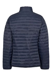 Tamsiai mėlynas pūkinis paltas su aukštu apykakliu, horizontaliu siuvimu ir elastinėmis rankogaliais. Lygios tekstūros ir lengvo dizaino.