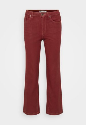 Bordo široke jeans hlače s klasičnim dizajnom, ki vsebujejo pet žepov, z gumbom za zapiranje in kontrastnim šivanjem za dodaten detajl.