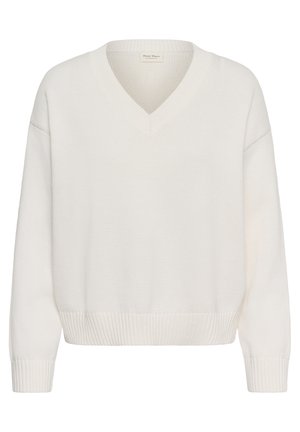 Džemper krem boje od pletenog materijala s V-izrezom, dugim rukavima, rebrastim manšetama i rubom, s oznakom "Part Two" unutar ovratnika.