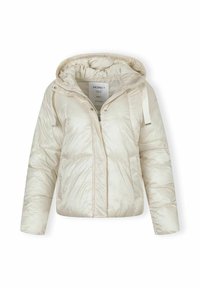 Giacca a vento bianca imbottita con cappuccio, dotata di una zip frontale, tasche laterali e motivi di cucitura sottili. Realizzata in un tessuto lucido e liscio.