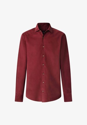 Langärmliges Shirt aus burgunderrotem Gewebe mit glatter Textur, ausgestattet mit einer Knopfleiste und fünf kontrastierenden Knöpfen.