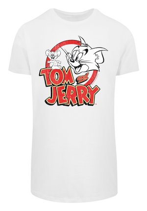 Weißes Baumwoll-T-Shirt mit einem Grafikdruck von Tom und Jerry. Der Text "Tom und Jerry" ist in fett gedrucktem Rot mit gelben Akzenten.