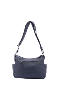 Borsa a tracolla in pelle blu scuro con una finitura testurizzata, dotata di una lunga tracolla regolabile e una tasca esterna con zip.