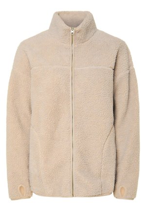Beige Fleecejacke mit hohem Kragen, Reißverschluss und Seitentaschen. Strukturierte Oberfläche mit weichem Griff und elastischen Bündchen.